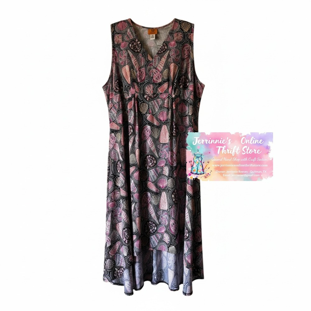 Ruby Rd Woman 3X Seashell Print V-Neck High-Low Midi Dress Pink Black 50884 K8